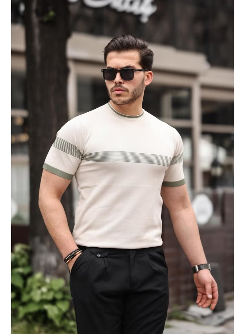 Miron Beige Crew Neck Striped Knitwear T-Shirt - Image 1