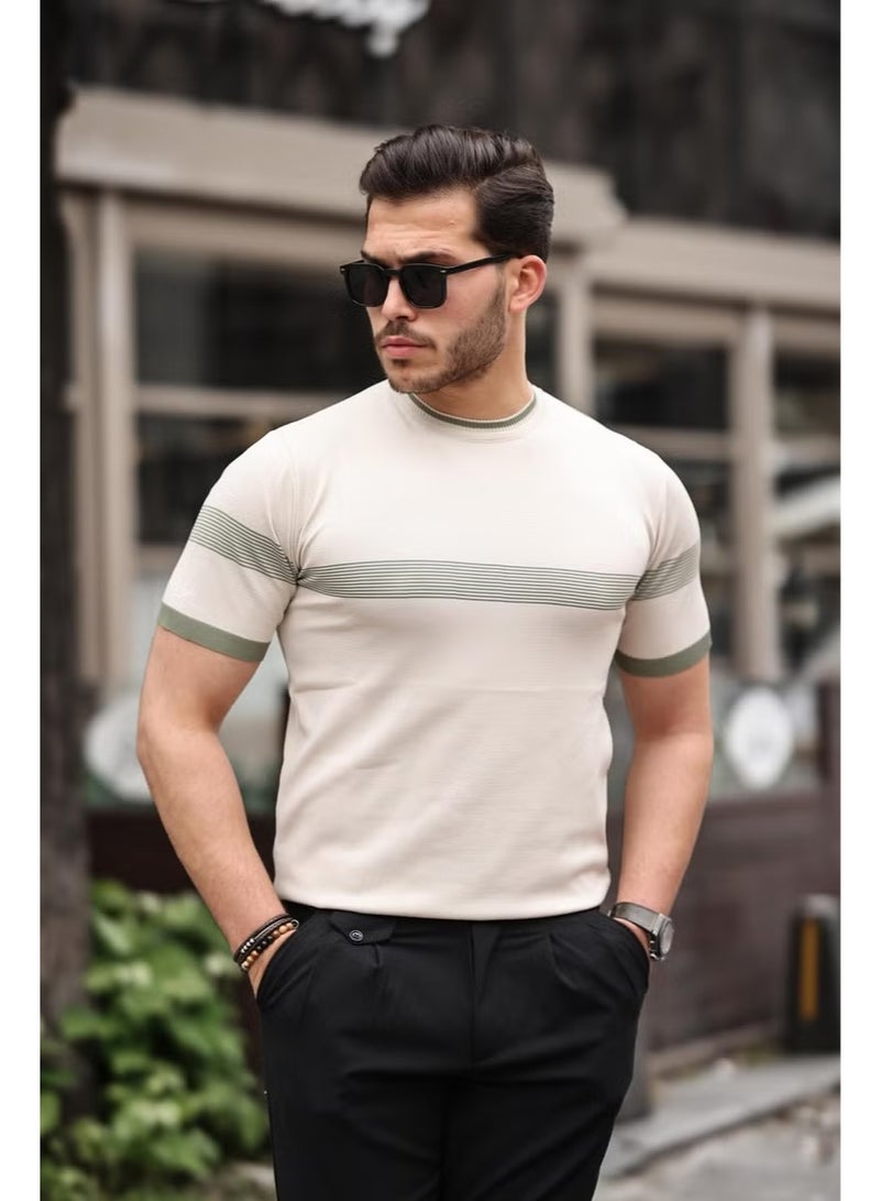 Miron Beige Crew Neck Striped Knitwear T-Shirt - Image 2