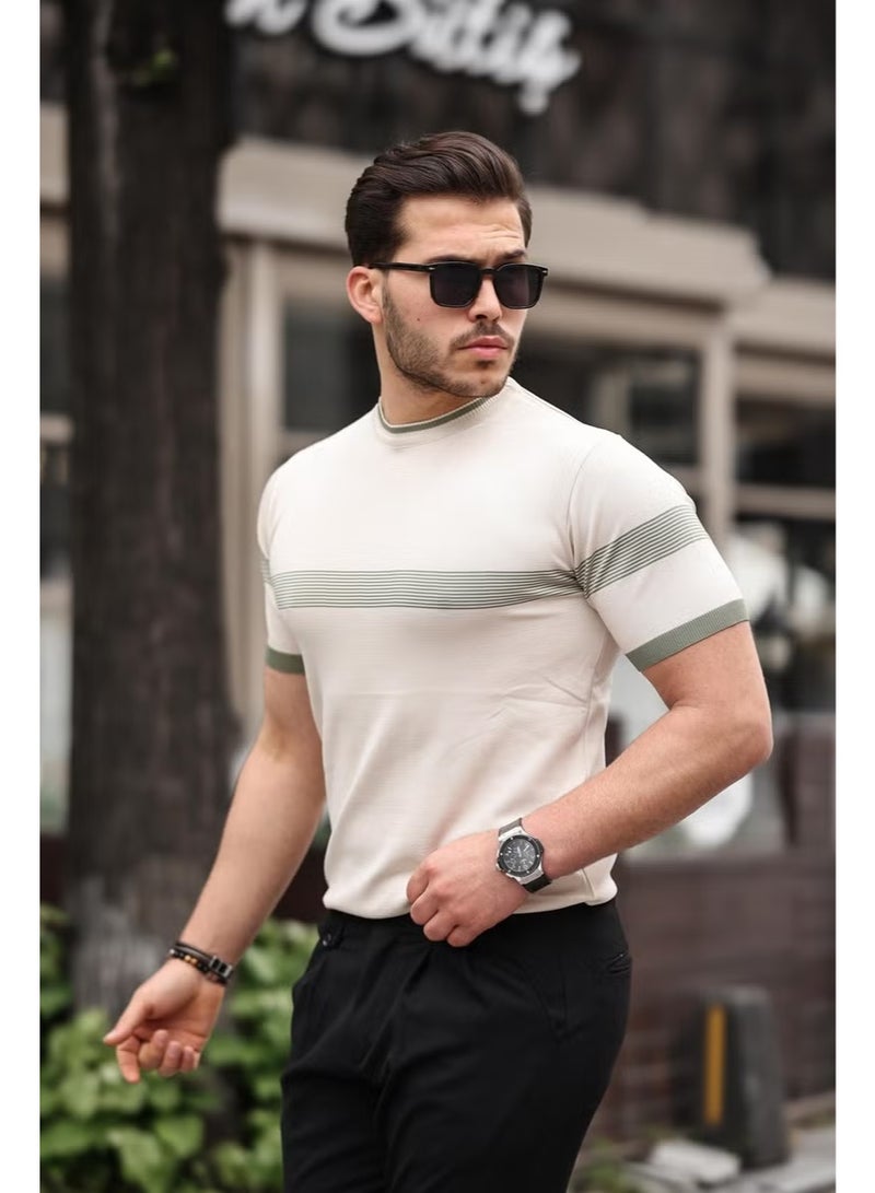 Miron Beige Crew Neck Striped Knitwear T-Shirt - Image 3