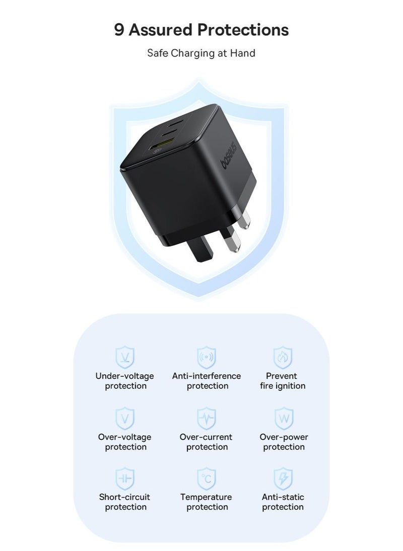 بيسوس شاحن سريع 65 واط 2 نوع-C + USB قابس المملكة المتحدة مع كابل نوع-C 100 واط 1م شاحن سفر مدمج - Image 5