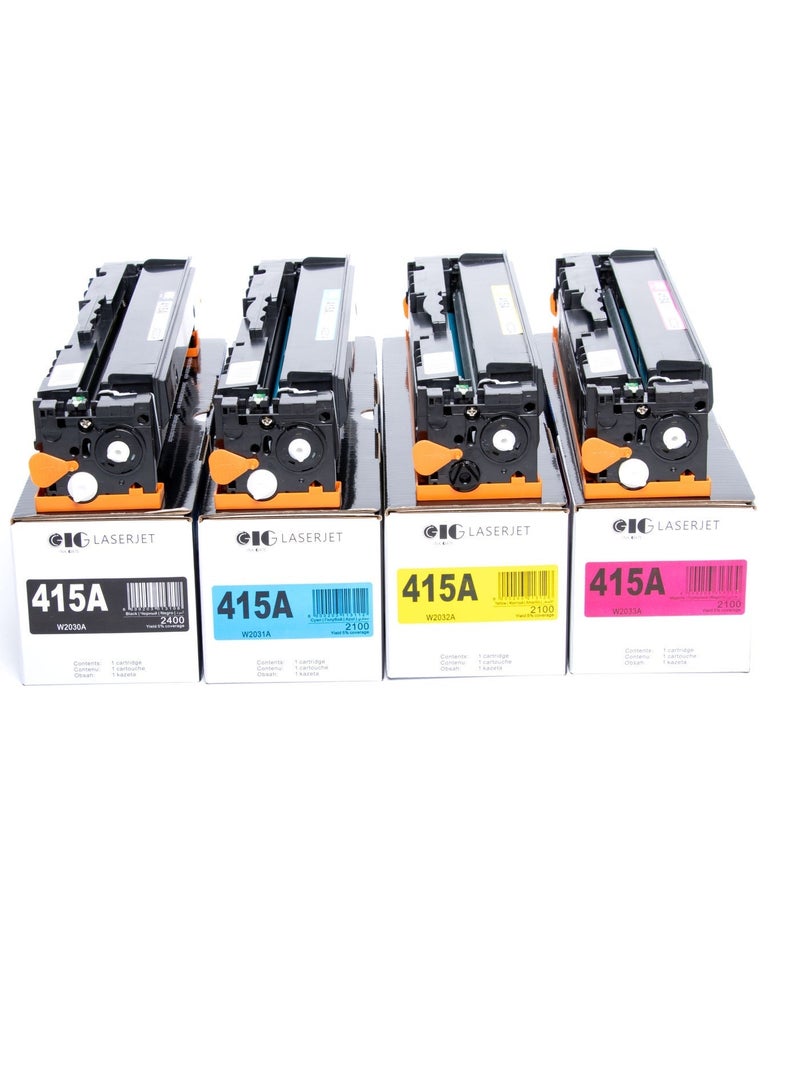 IG Compatible Toner Cartridge Set – Black, Cyan, Magenta, Yellow – Replaces HP 415A – For HP Color LaserJet Pro M454 / MFP M479 Series – 4-Pack - Image 1