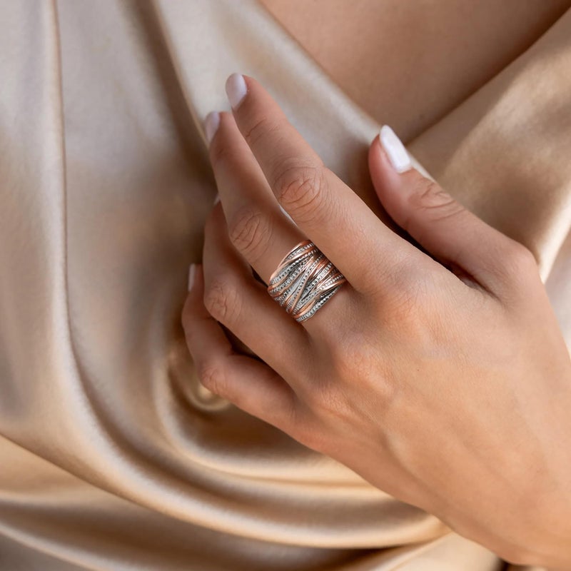 Mytys 2 Tone Intertwined Crossover Statement Ring Fashion Chunky Band Rings for Women Black Gold Silver Rose Gold Plated Wide Index Finger Rings Costume Jewelry (rose gold and silver size 8) - Image 3