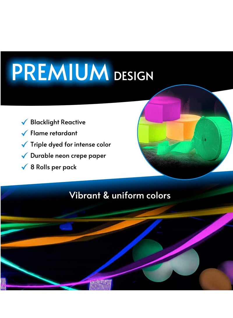 Black Light Streamers Fluorescent Rolls Premium UV Reactive Neon Crepe Paper Perfect for Blacklight Birthday Decorations and Events Glow in the Dark Party Supplies 8 Pack of 100ft  - Image 2