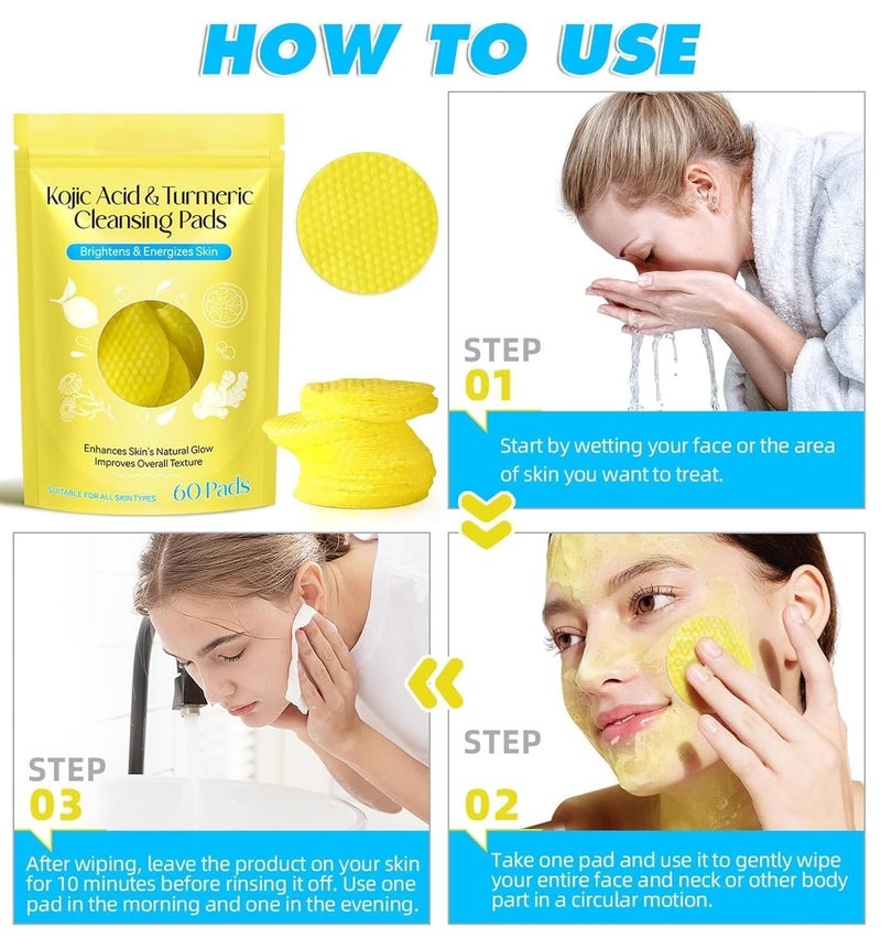 Acid and Turmeric Cleansing Pads for Dark Spots, Skin Brightening & Acne Prevention, with Vitamin B5, Vitamin C, Turmeric Infused Foaming Exfoliating Pads, for Face for All Skin Types -60PCS (Pack of 1) - Image 2