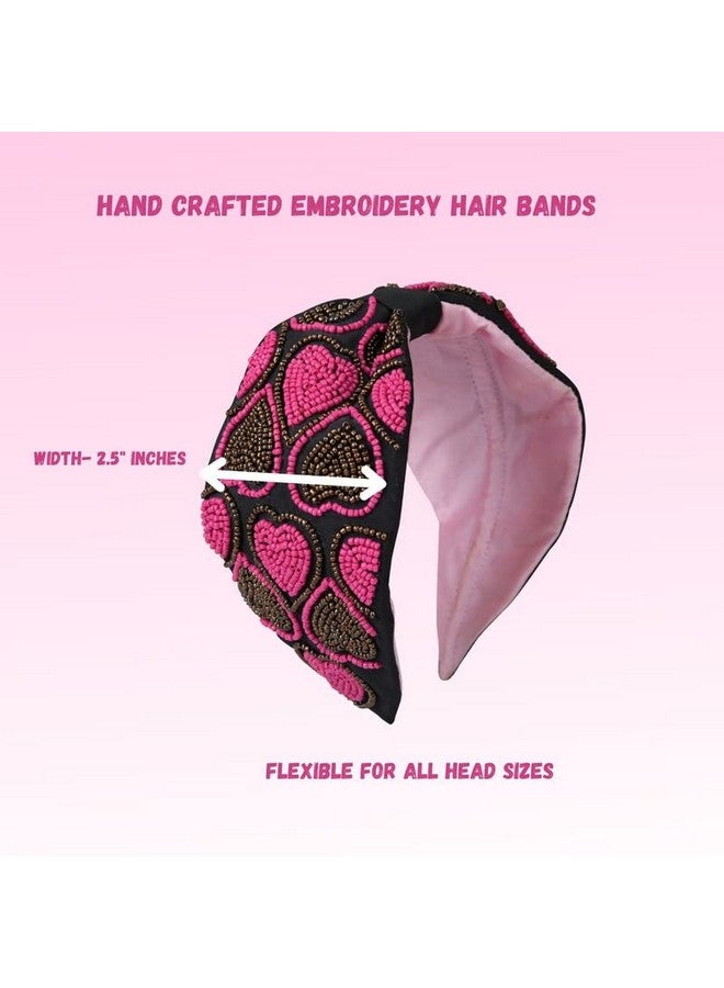 NNR Hand Crafted Embroidery Hair Band, Valentine Love Theme With Stones & Bead Work, Soft Fabric Headband Strong And Durable Metal Band Inside Support- Black Pink - Image 3