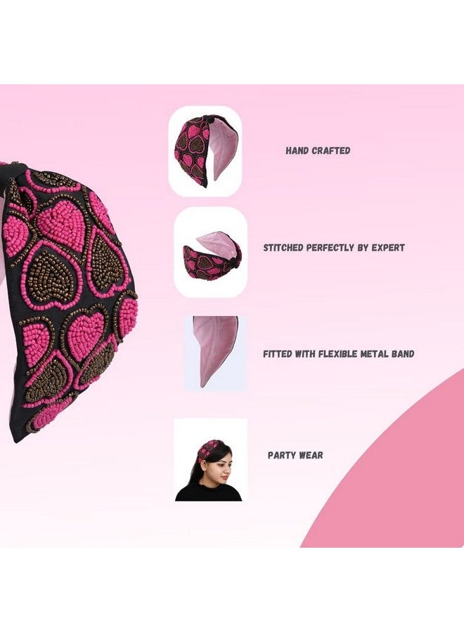 NNR Hand Crafted Embroidery Hair Band, Valentine Love Theme With Stones & Bead Work, Soft Fabric Headband Strong And Durable Metal Band Inside Support- Black Pink - Image 5