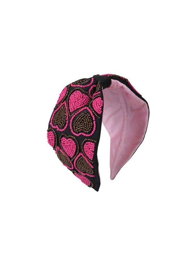 NNR Hand Crafted Embroidery Hair Band, Valentine Love Theme With Stones & Bead Work, Soft Fabric Headband Strong And Durable Metal Band Inside Support- Black Pink - Image 1