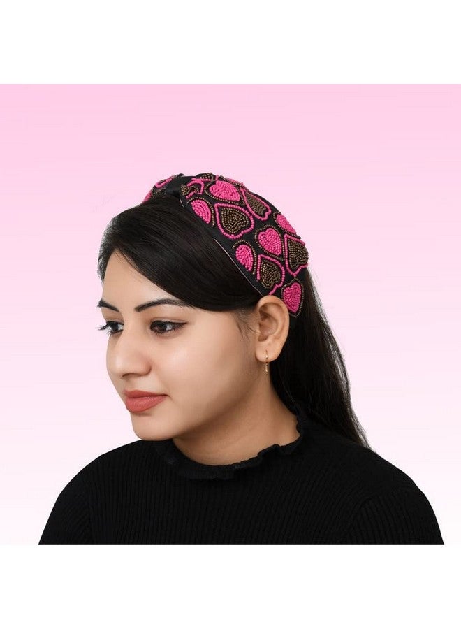 NNR Hand Crafted Embroidery Hair Band, Valentine Love Theme With Stones & Bead Work, Soft Fabric Headband Strong And Durable Metal Band Inside Support- Black Pink - Image 4