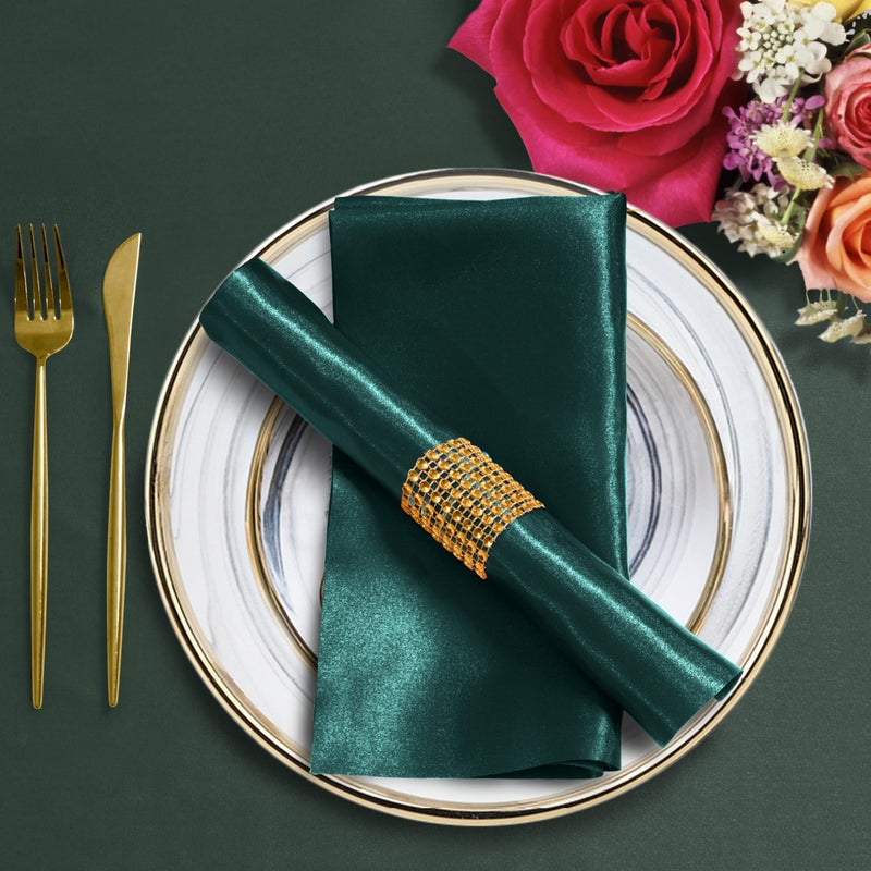 Eychei 100 Pack Dark Green Satin Napkins and Napkin Rings Set, 12 x 12 Inch Silky Soft Cloth Napkins Set of 50, Square Satin Dinner Table Napkins Bulk for Wedding Banquet Graduation Party Decoration - Image 5