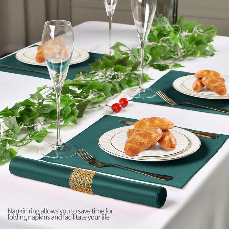 Eychei 100 Pack Dark Green Satin Napkins and Napkin Rings Set, 12 x 12 Inch Silky Soft Cloth Napkins Set of 50, Square Satin Dinner Table Napkins Bulk for Wedding Banquet Graduation Party Decoration - Image 3