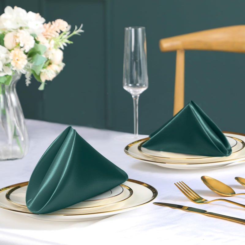 Eychei 100 Pack Dark Green Satin Napkins and Napkin Rings Set, 12 x 12 Inch Silky Soft Cloth Napkins Set of 50, Square Satin Dinner Table Napkins Bulk for Wedding Banquet Graduation Party Decoration - Image 4