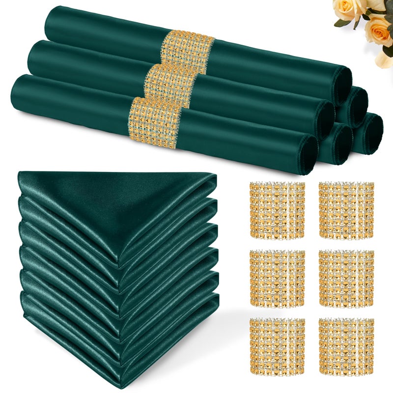 Eychei 100 Pack Dark Green Satin Napkins and Napkin Rings Set, 12 x 12 Inch Silky Soft Cloth Napkins Set of 50, Square Satin Dinner Table Napkins Bulk for Wedding Banquet Graduation Party Decoration - Image 1