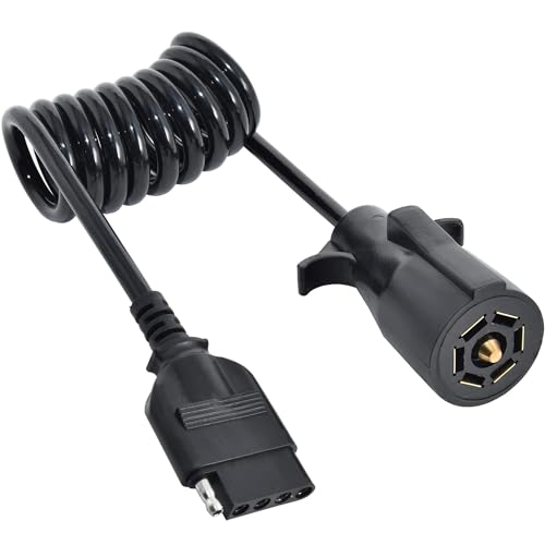 Oyviny 7 Way Round to 5 Way Flat Coiled Trailer Plug Adapter 7 Pin to 5 Pin Trailer Coiled Wiring Adapter Full Length 5 Foot (60 inches) - Image 1
