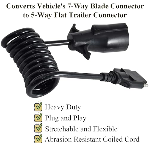 Oyviny 7 Way Round to 5 Way Flat Coiled Trailer Plug Adapter 7 Pin to 5 Pin Trailer Coiled Wiring Adapter Full Length 5 Foot (60 inches) - Image 3