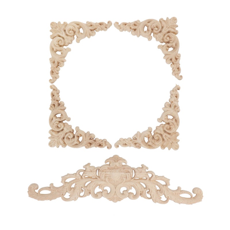 5Pcs Wooden Appliques Onlays Rubber Wood Carved 4 Corner Onlays and 1 Long Onlay for Cabinet Door Bed Wardrobe Furniture - Image 2