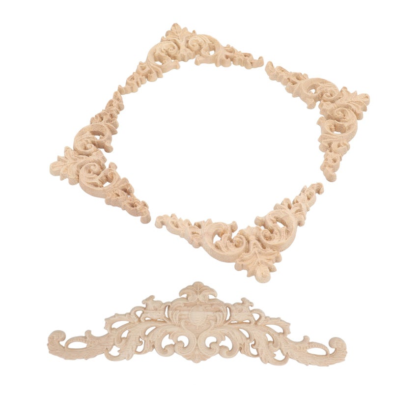 5Pcs Wooden Appliques Onlays Rubber Wood Carved 4 Corner Onlays and 1 Long Onlay for Cabinet Door Bed Wardrobe Furniture - Image 3