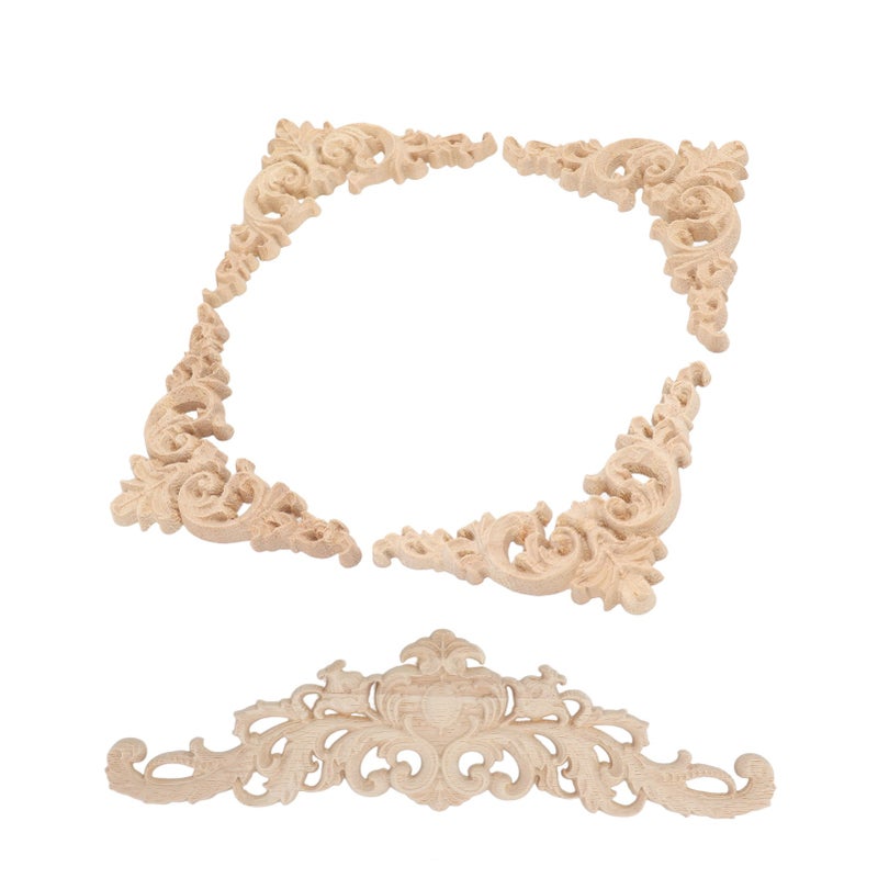 5Pcs Wooden Appliques Onlays Rubber Wood Carved 4 Corner Onlays and 1 Long Onlay for Cabinet Door Bed Wardrobe Furniture - Image 1