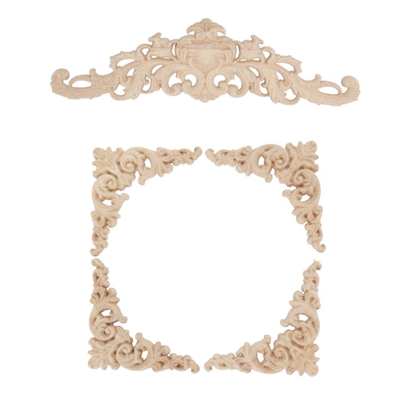 5Pcs Wooden Appliques Onlays Rubber Wood Carved 4 Corner Onlays and 1 Long Onlay for Cabinet Door Bed Wardrobe Furniture - Image 5