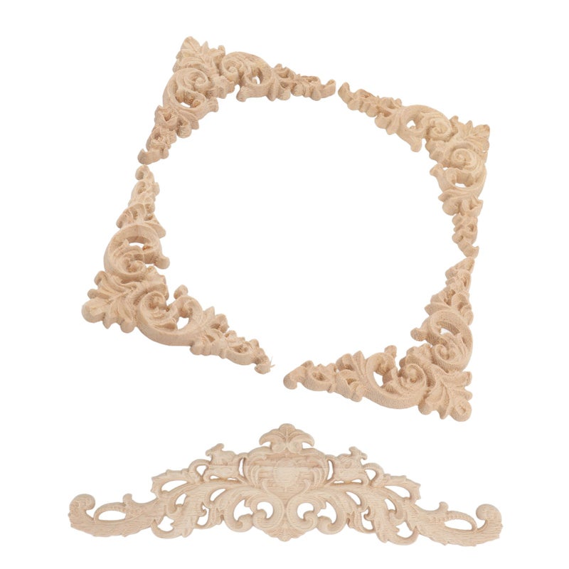 5Pcs Wooden Appliques Onlays Rubber Wood Carved 4 Corner Onlays and 1 Long Onlay for Cabinet Door Bed Wardrobe Furniture - Image 4
