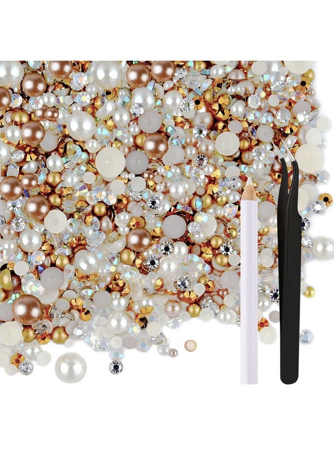 ASTARON 50g Mix Flatback Rhinestones Half Pearls for Craft Mixed Size 3mm-10mm Flat Back Rhinestones for Crafts Flatback Pearls for DIY Tumblers Mugs Nail Art Shoes Clothes (Champagne Gold Series) - Image 1