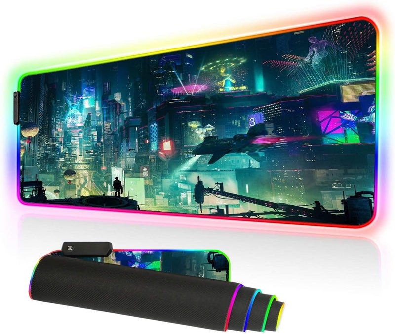 كاست ويف لوحة ماوس ألعاب RGB - حوّل تجربة ألعابك، 9 أوضاع إضاءة، سطح مقاوم للانزلاق ومضاد للماء، لوحة ماوس كبيرة ممتدة (31.5 × 11.8 بوصة، مدينة سايبر) - Image 1