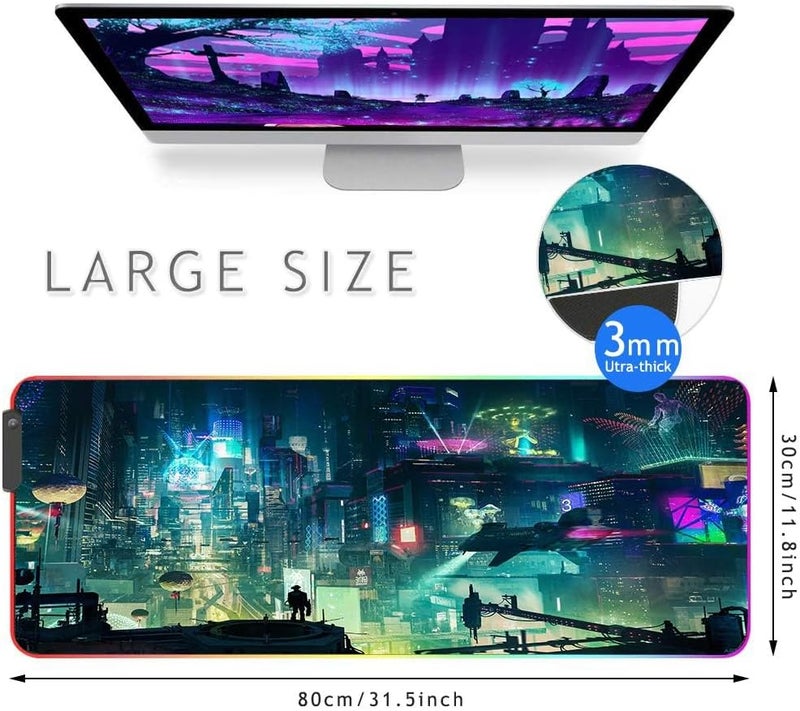 كاست ويف لوحة ماوس ألعاب RGB - حوّل تجربة ألعابك، 9 أوضاع إضاءة، سطح مقاوم للانزلاق ومضاد للماء، لوحة ماوس كبيرة ممتدة (31.5 × 11.8 بوصة، مدينة سايبر) - Image 2