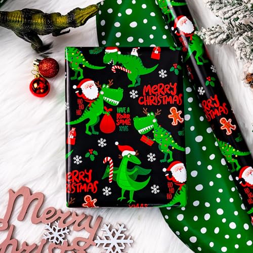 Yarcony Reversible Black Christmas Wrapping Paper for Kid, Funny Dinosaur and Santa Claus Pattern Christmas Gift Wrapping Paper for Kids Boys Men Holiday Gift Packaging (Mini Roll, 17 Inch X 33 Feet) - Image 2
