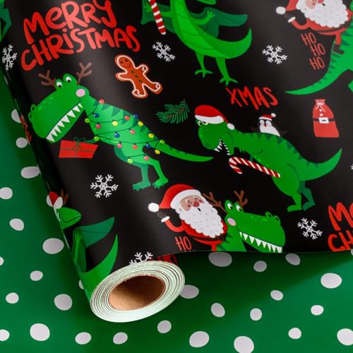 Yarcony Reversible Black Christmas Wrapping Paper for Kid, Funny Dinosaur and Santa Claus Pattern Christmas Gift Wrapping Paper for Kids Boys Men Holiday Gift Packaging (Mini Roll, 17 Inch X 33 Feet) - Image 1