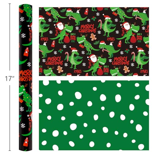 Yarcony Reversible Black Christmas Wrapping Paper for Kid, Funny Dinosaur and Santa Claus Pattern Christmas Gift Wrapping Paper for Kids Boys Men Holiday Gift Packaging (Mini Roll, 17 Inch X 33 Feet) - Image 3