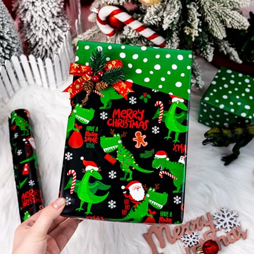 Yarcony Reversible Black Christmas Wrapping Paper for Kid, Funny Dinosaur and Santa Claus Pattern Christmas Gift Wrapping Paper for Kids Boys Men Holiday Gift Packaging (Mini Roll, 17 Inch X 33 Feet) - Image 4