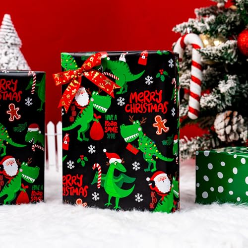 Yarcony Reversible Black Christmas Wrapping Paper for Kid, Funny Dinosaur and Santa Claus Pattern Christmas Gift Wrapping Paper for Kids Boys Men Holiday Gift Packaging (Mini Roll, 17 Inch X 33 Feet) - Image 5