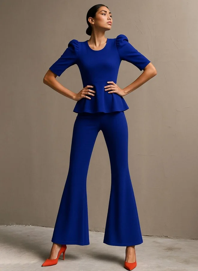 ساسافراس Blue Co-Ord Set With Round Neck Top And Bellbottom Pants