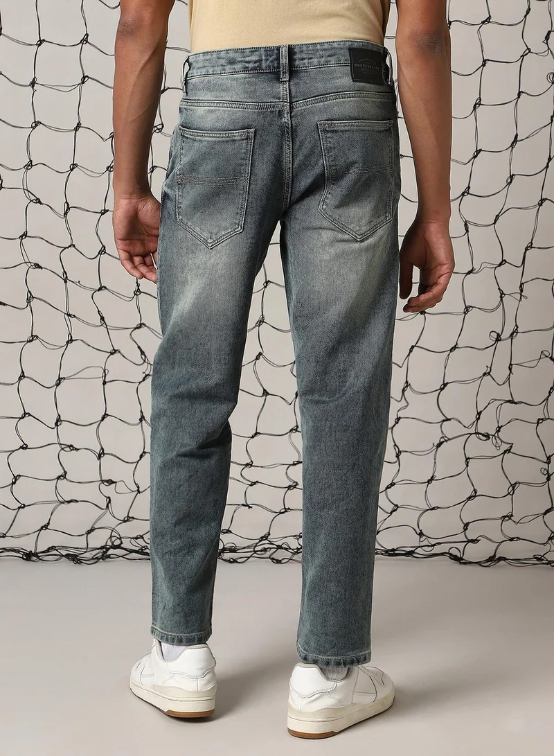 Hubberholme Men's Indigo Cotton Blend Distressed Full Length Relaxed Fit Jeans