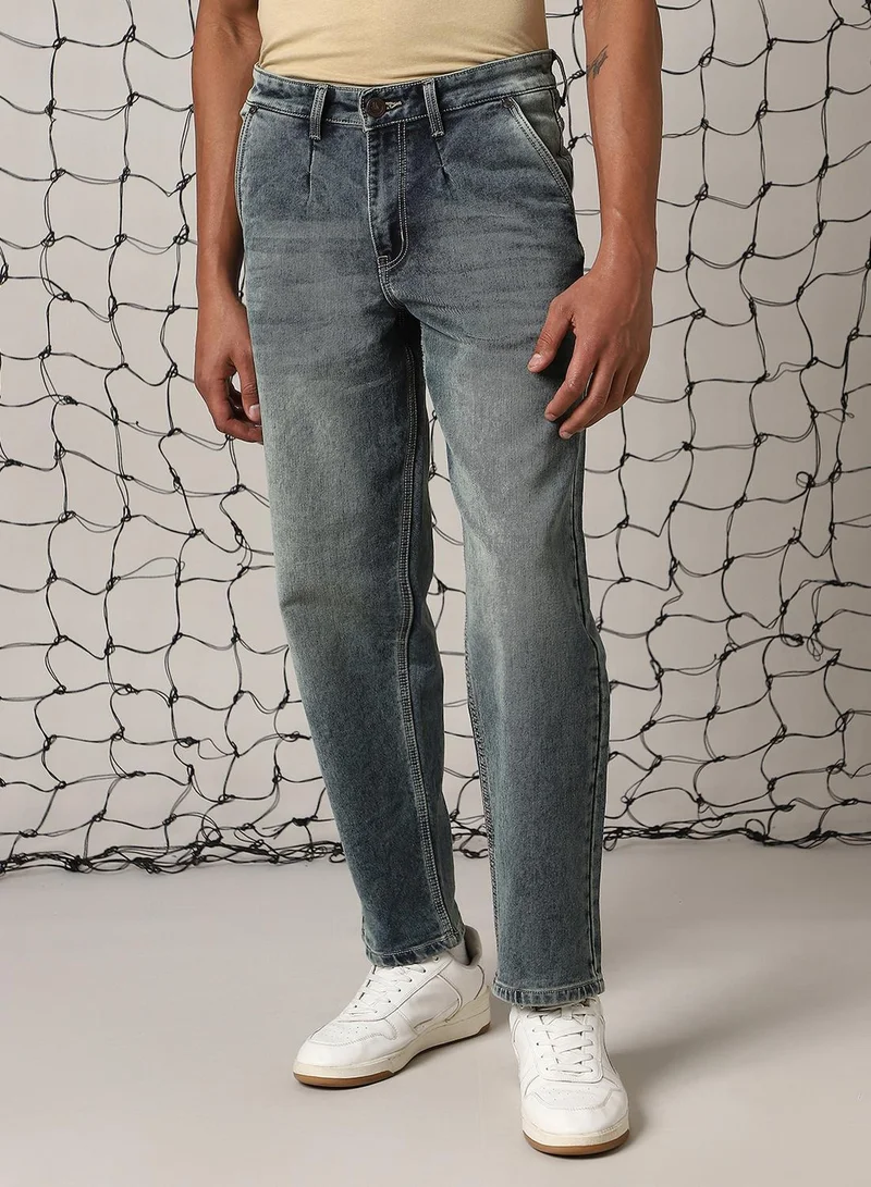 Hubberholme Men's Indigo Cotton Blend Distressed Full Length Relaxed Fit Jeans