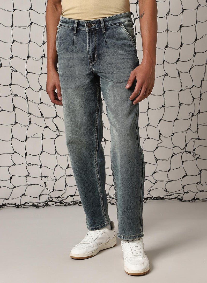 Hubberholme Men's Indigo Cotton Blend Distressed Full Length Relaxed Fit Jeans  - Image 5