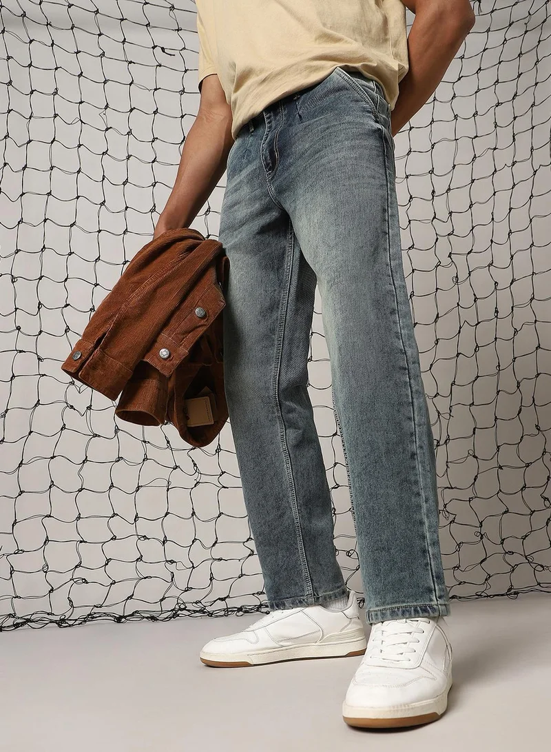 Hubberholme Men's Indigo Cotton Blend Distressed Full Length Relaxed Fit Jeans
