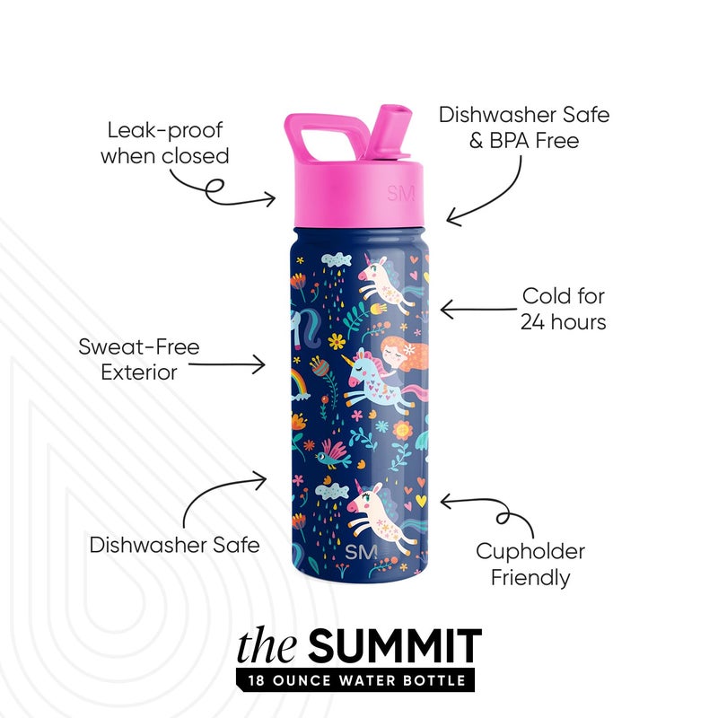 Simple Modern زجاجة ماء بسيطة وعصرية للأطفال مع غطاء قشة | كوب معزول من الفولاذ المقاوم للصدأ قابل لإعادة الاستخدام للأطفال، المدرسة | مجموعة قمة | 18 أونصة، يونيكورن قوس قزح - Image 2