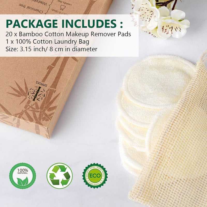 ASPACES 20 Packs Organic Reusable Makeup Remover Pads, Washable Bamboo Cotton Rounds for All Skin Types with Cotton Laundry Bag - Image 2