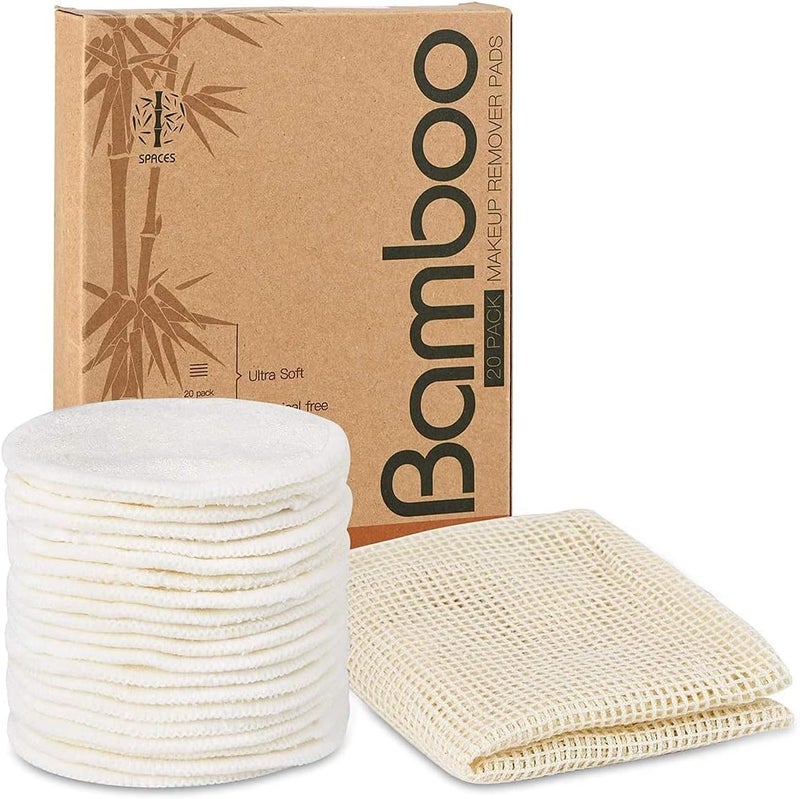 ASPACES 20 Packs Organic Reusable Makeup Remover Pads, Washable Bamboo Cotton Rounds for All Skin Types with Cotton Laundry Bag - Image 1