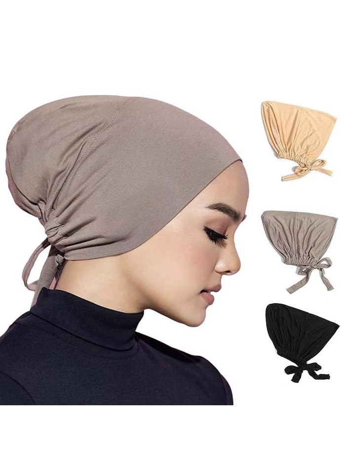 YIM-VIBEHAUS 3PCS Under Hijab Head Cap Muslim Under Scarf Hijab Cap Solid Color Women Under Scarf Hat Hijab Cap Stretchy Sleeping Cap - Image 1