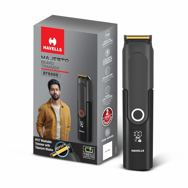 Havells ماجيستو ماكينة حلاقة اللحية BT8888 | قابلة للغسل بالكامل IPX7 | ماكينة للرجال | مع 40 إعداد طول | شفرة تيتانيوم | بدون جروح أو قطع | شاشة رقمية | وضع سرعة مزدوج | شحن توربو مع 120 دقيقة من وقت التشغيل - Image 1