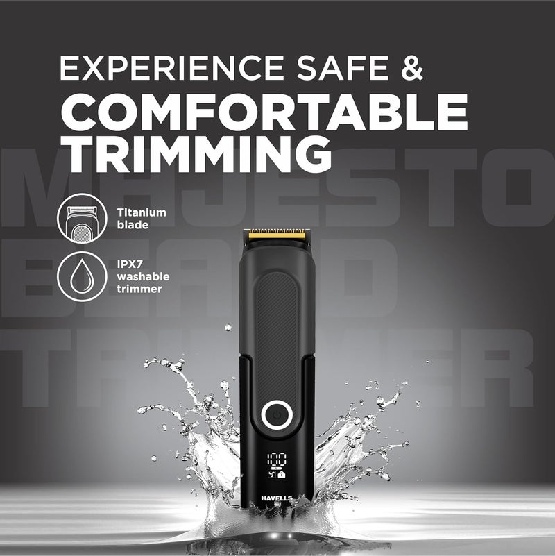 Havells ماجيستو ماكينة حلاقة اللحية BT8888 | قابلة للغسل بالكامل IPX7 | ماكينة للرجال | مع 40 إعداد طول | شفرة تيتانيوم | بدون جروح أو قطع | شاشة رقمية | وضع سرعة مزدوج | شحن توربو مع 120 دقيقة من وقت التشغيل - Image 5