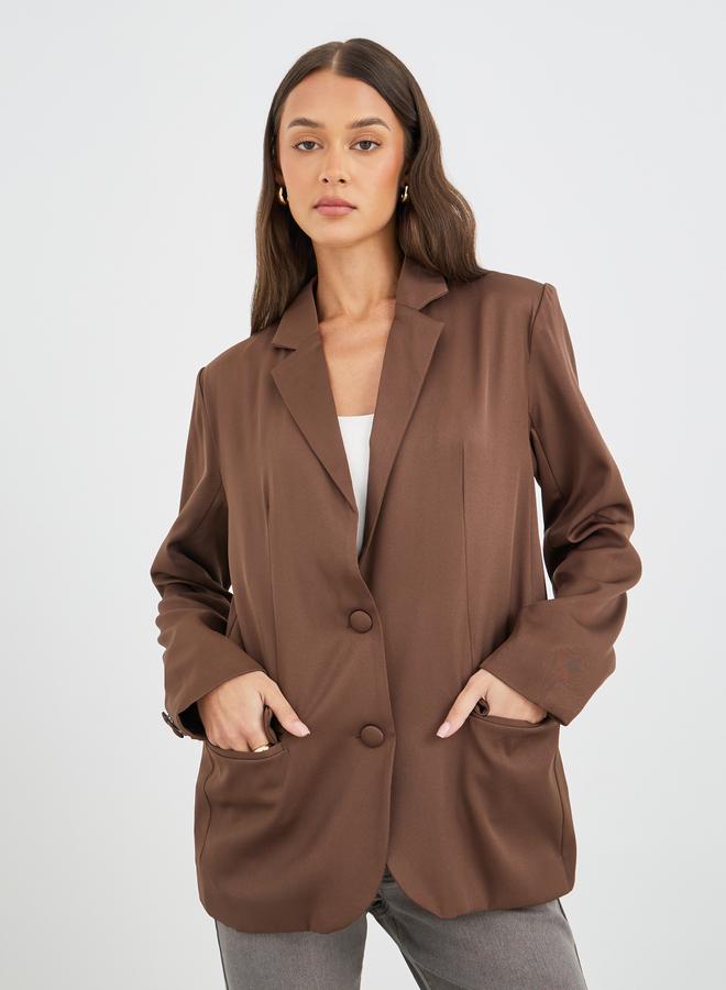 Styli Women Brown Solid Oversized Longline Single Breasted Blazer - Image 3