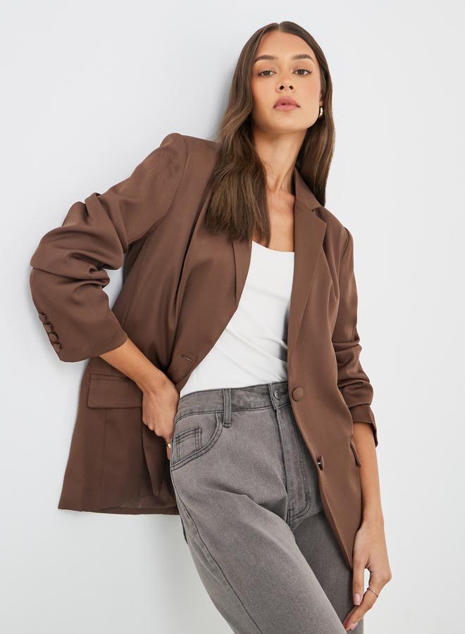 Styli Women Brown Solid Oversized Longline Single Breasted Blazer - Image 1
