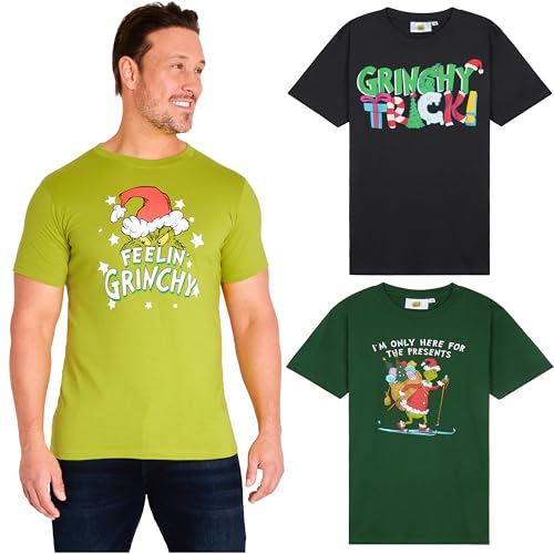 The Grinch Gifts Christmas T Shirts for Men, Teens, 3 Pack Crew Neck Tees, Tshirt Lounge Wear Dr Seuss for Men (L, Multi 3 Pack) - Image 1