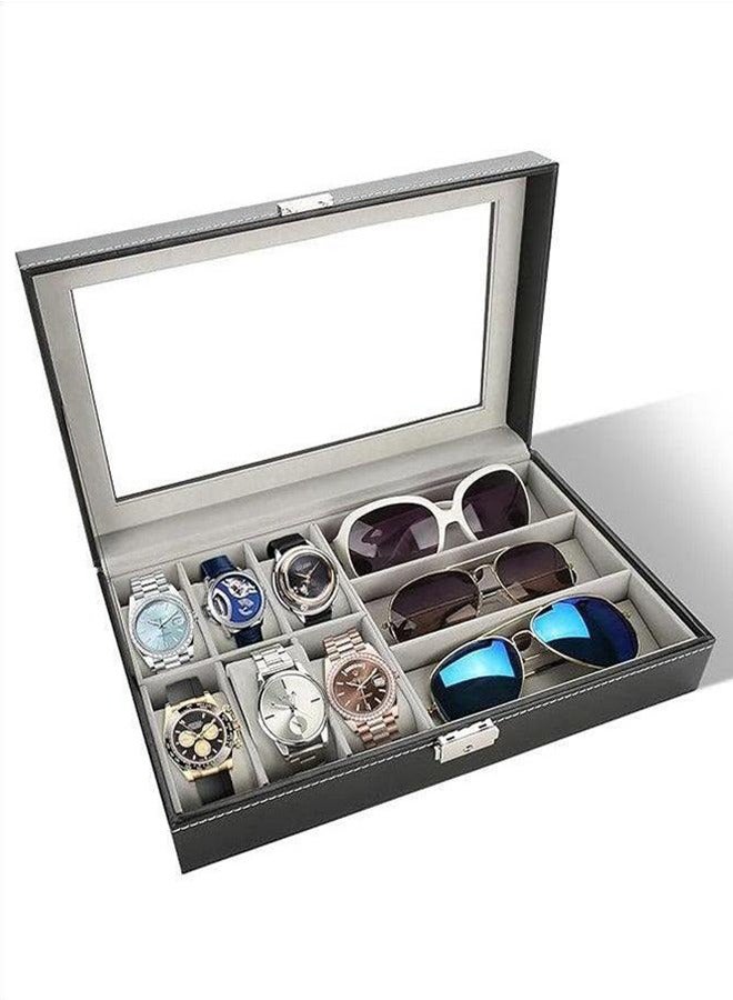 PU Leather Single-Layer 6-Cell Watch Storage Box And 3-Cell Glasses Organizer Family Jewelry Decoration Watch Display Organizer Box, High-Quality Materials Are Durable And Can Store Bracelets, Necklaces, Earrings, Etc. - Image 1
