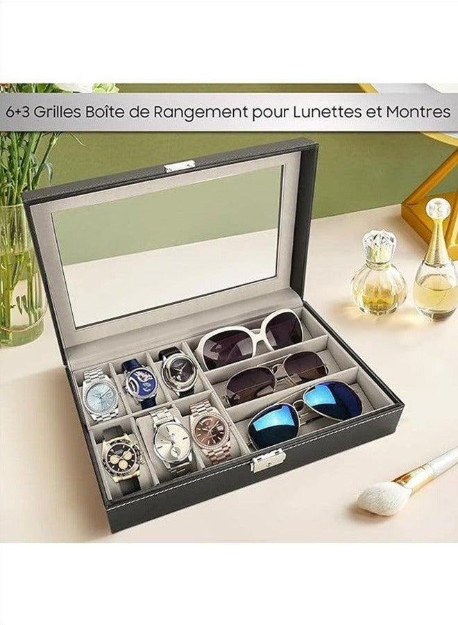 PU Leather Single-Layer 6-Cell Watch Storage Box And 3-Cell Glasses Organizer Family Jewelry Decoration Watch Display Organizer Box, High-Quality Materials Are Durable And Can Store Bracelets, Necklaces, Earrings, Etc. - Image 2