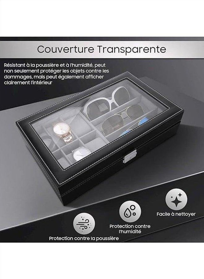 PU Leather Single-Layer 6-Cell Watch Storage Box And 3-Cell Glasses Organizer Family Jewelry Decoration Watch Display Organizer Box, High-Quality Materials Are Durable And Can Store Bracelets, Necklaces, Earrings, Etc. - Image 3