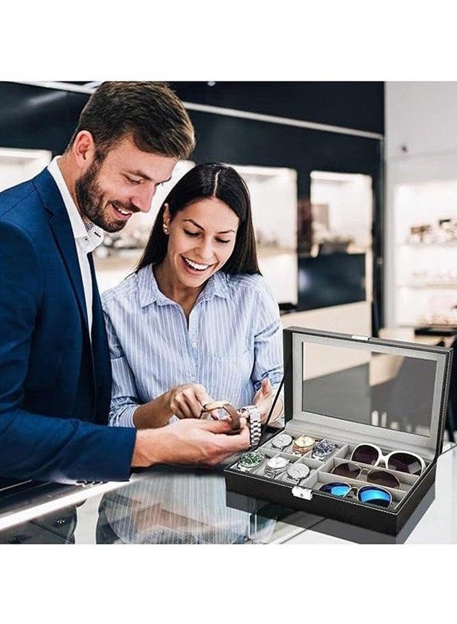 PU Leather Single-Layer 6-Cell Watch Storage Box And 3-Cell Glasses Organizer Family Jewelry Decoration Watch Display Organizer Box, High-Quality Materials Are Durable And Can Store Bracelets, Necklaces, Earrings, Etc. - Image 5