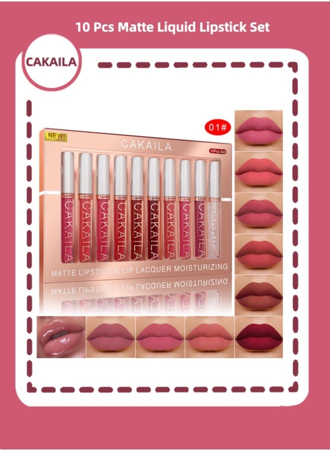 كاكيلا 10 - طقم أحمر الشفاه مات ليكيد يحتوي على ملمع شفاه ناعم ومرطب ومستمر وماء الشفاه . - Image 1